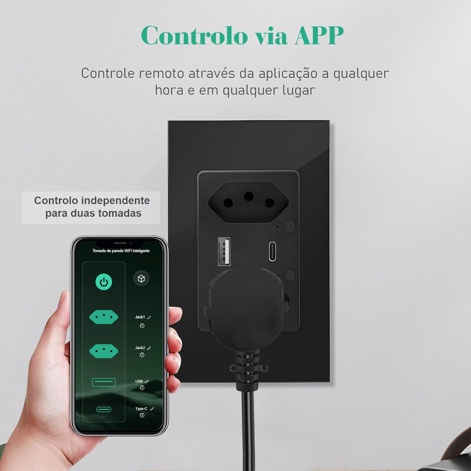 Interruptor Inteligente WiFi, Tomada Inteligente WiFi, Controle Remoto de Eletrodomésticos Por Telefones Celulares, Interruptor Cronometrado, Controle Por Voz, 1 porta USB e 1 porta Tipo-C (Preto) - Imagem 3