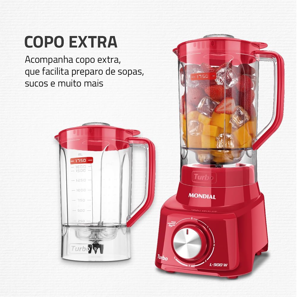 Liquidificador Turbo, Mondial, Vermelho, 900W, 220V - L-900 FR 2C - Imagem 4