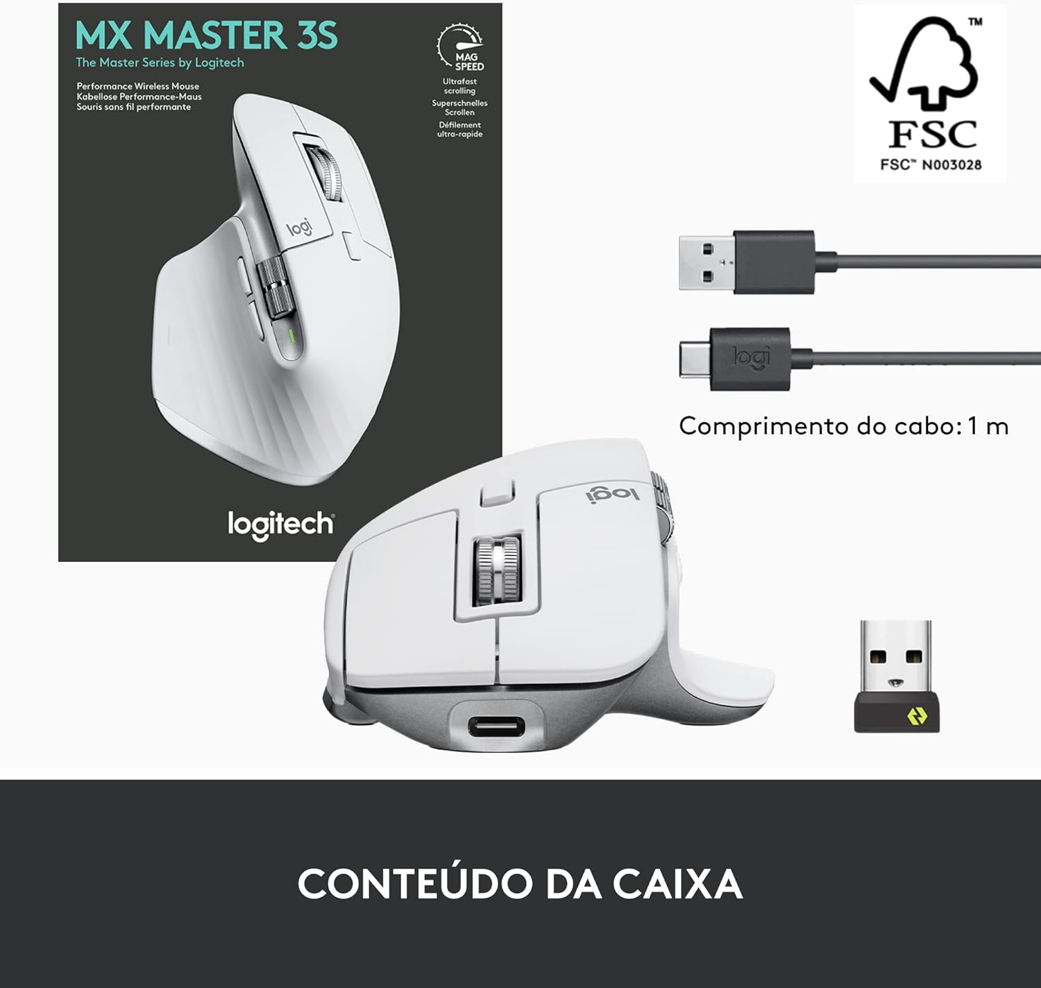 Mouse sem fio Logitech MX Master 3S com Sensor Darkfield para Uso em Qualquer Superfície, Design Ergonômico, Clique Silencioso, Conexão USB ou Bluetooth - Cinza Claro - Imagem 11