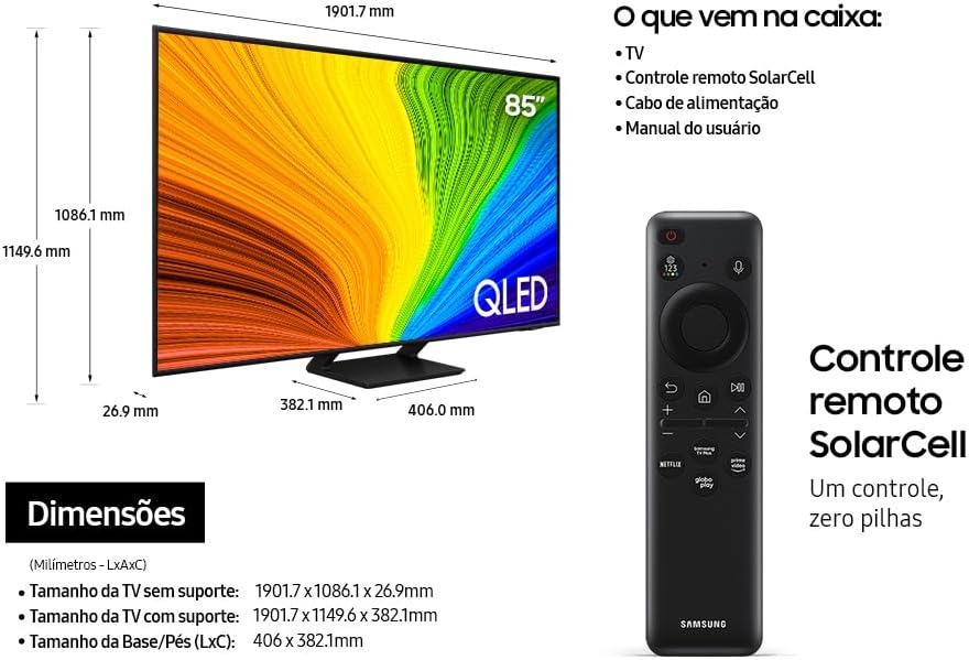 Samsung Smart TV 85 polegadas QLED 4K 85Q70D 2024, Tecnologia de Pontos Quânticos, Processador com AI, Painel até 120Hz, Design AirSlim 85" - Imagem 3
