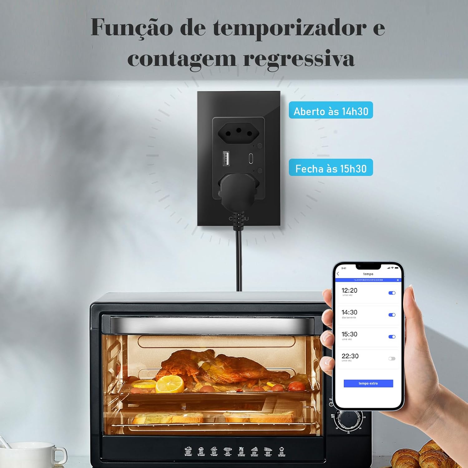 Interruptor Inteligente WiFi, Tomada Inteligente WiFi, Controle Remoto de Eletrodomésticos Por Telefones Celulares, Interruptor Cronometrado, Controle Por Voz, 1 porta USB e 1 porta Tipo-C (Preto) - Imagem 4
