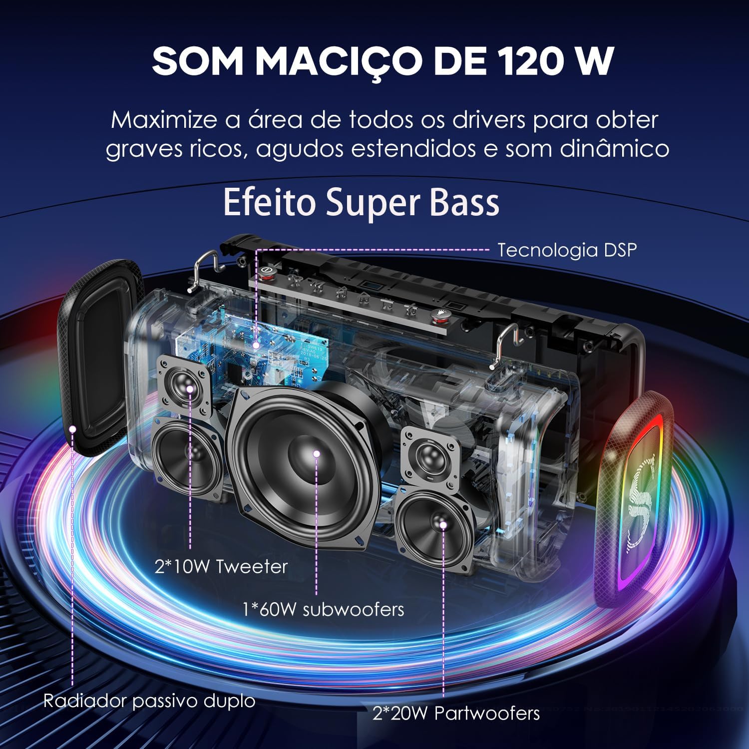 Caixa de Som Bluetooth SABALA DR-908 Potência Alto-falante Bluetooth IPX5,Luz RGB Surroundaté de reprodução e muito mais de Ritmo para Festas Praia (preto) - Imagem 2