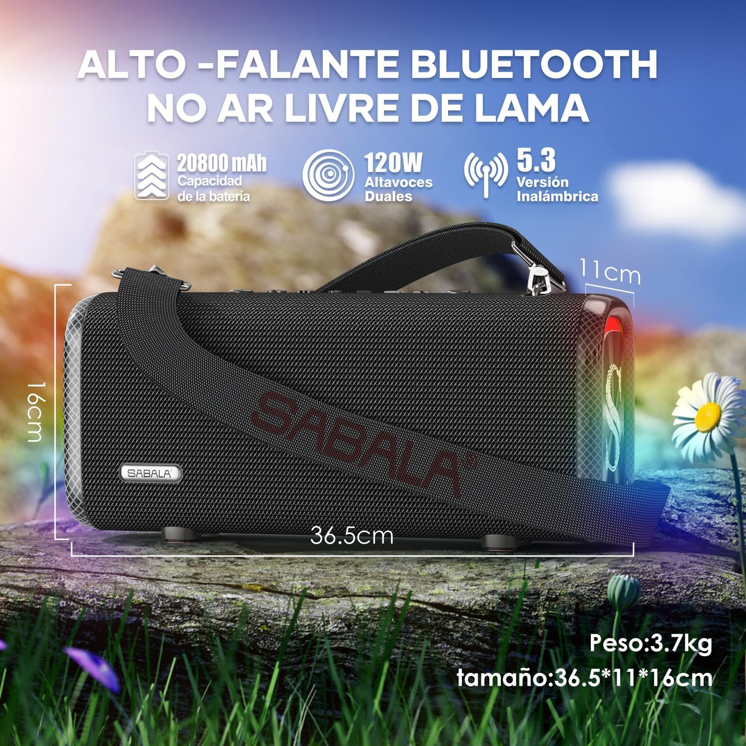 Caixa de Som Bluetooth SABALA DR-908 Potência Alto-falante Bluetooth IPX5,Luz RGB Surroundaté de reprodução e muito mais de Ritmo para Festas Praia (preto) - Imagem 3