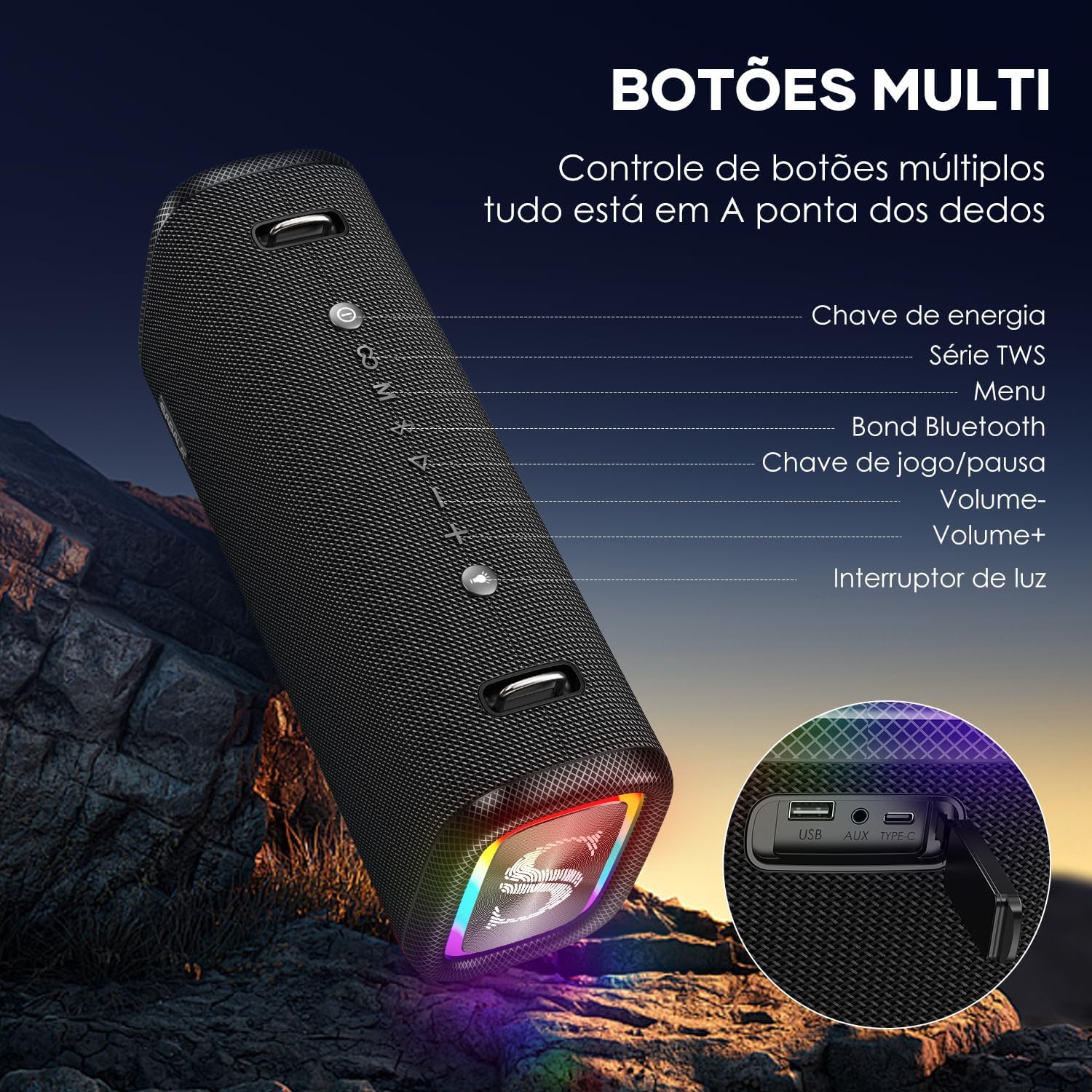 Caixa de Som Bluetooth SABALA DR-908 Potência Alto-falante Bluetooth IPX5,Luz RGB Surroundaté de reprodução e muito mais de Ritmo para Festas Praia (preto) - Imagem 4