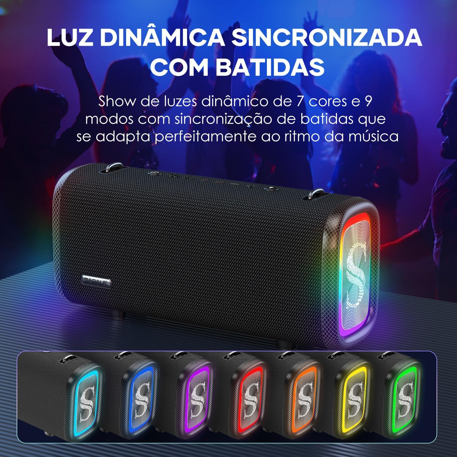 Caixa de Som Bluetooth SABALA DR-908 Potência Alto-falante Bluetooth IPX5,Luz RGB Surroundaté de reprodução e muito mais de Ritmo para Festas Praia (preto) - Imagem 6
