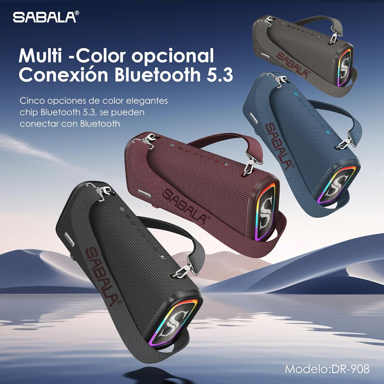 Caixa de Som Bluetooth SABALA DR-908 Potência Alto-falante Bluetooth IPX5,Luz RGB Surroundaté de reprodução e muito mais de Ritmo para Festas Praia (preto) - Imagem 7