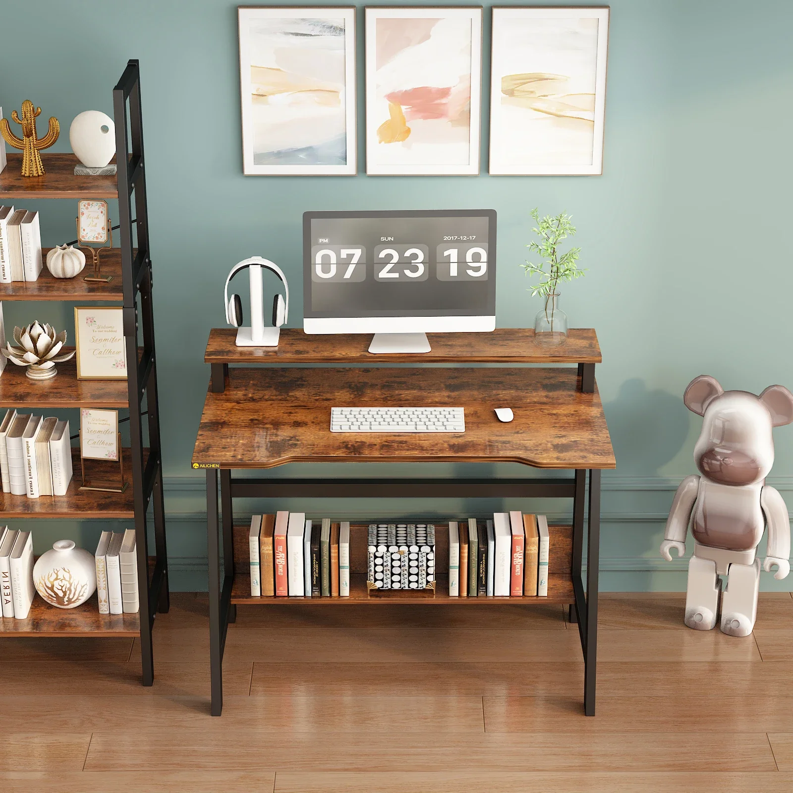 Small Computer Desk, Study Table with Storage and Monitor Shelf, Writing Computer Table Suitable for Bedroom, Living Room Small Computer Desk, Study Table with Storage and Monitor Shelf, Writing Computer Table Suitable for Bedroom, Living Room