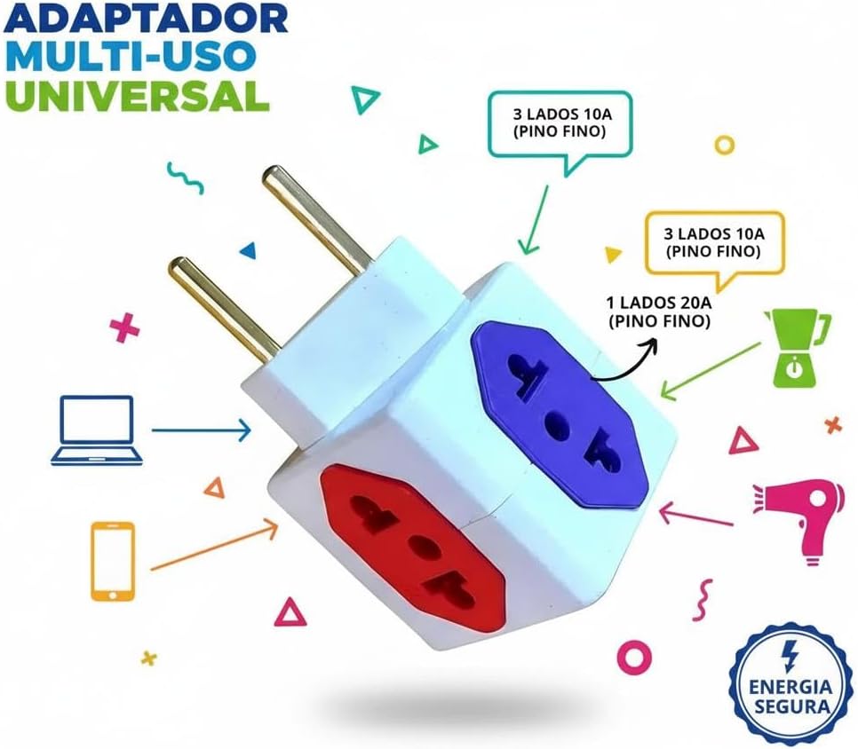Adaptador de Tomada 4 Saídas – 3x 10A + 1x 20A Bivolt Pino Fino e Grosso – T Adaptador Universal Elétrico para Eletrodomésticos, Notebook, PC e Mais - Imagem 6