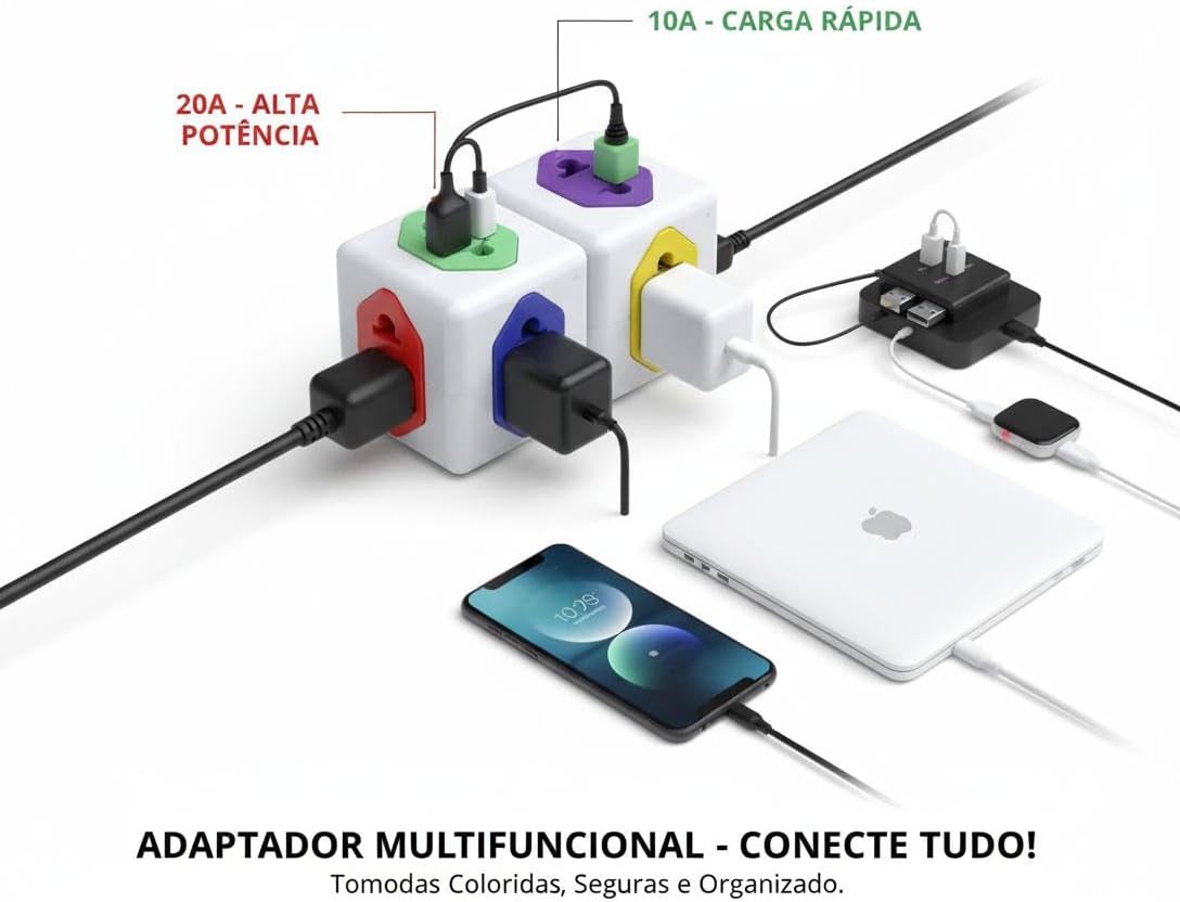Adaptador de Tomada 4 Saídas – 3x 10A + 1x 20A Bivolt Pino Fino e Grosso – T Adaptador Universal Elétrico para Eletrodomésticos, Notebook, PC e Mais - Imagem 7