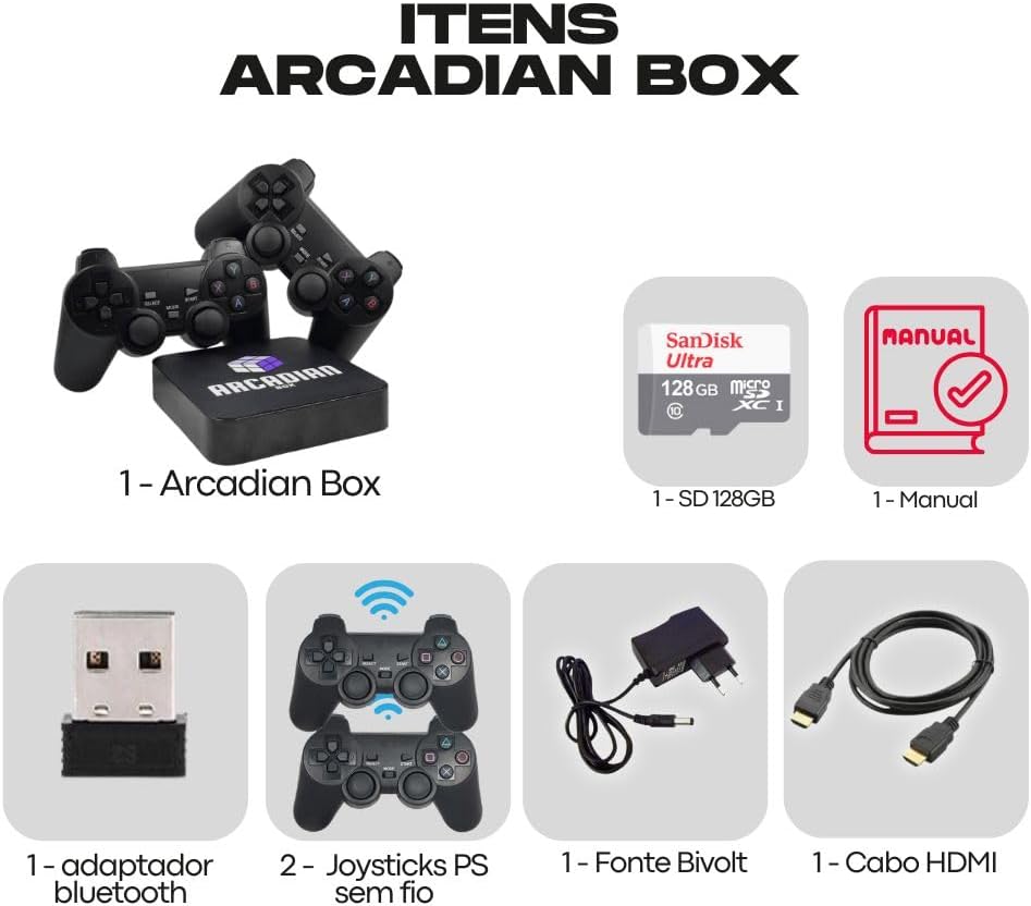 Game Retro Diversos Consoles 2 Controles com Fio Sistema 128GB com Jogos Atualizado Arcadian Box (2 Controles com fio) - Imagem 6
