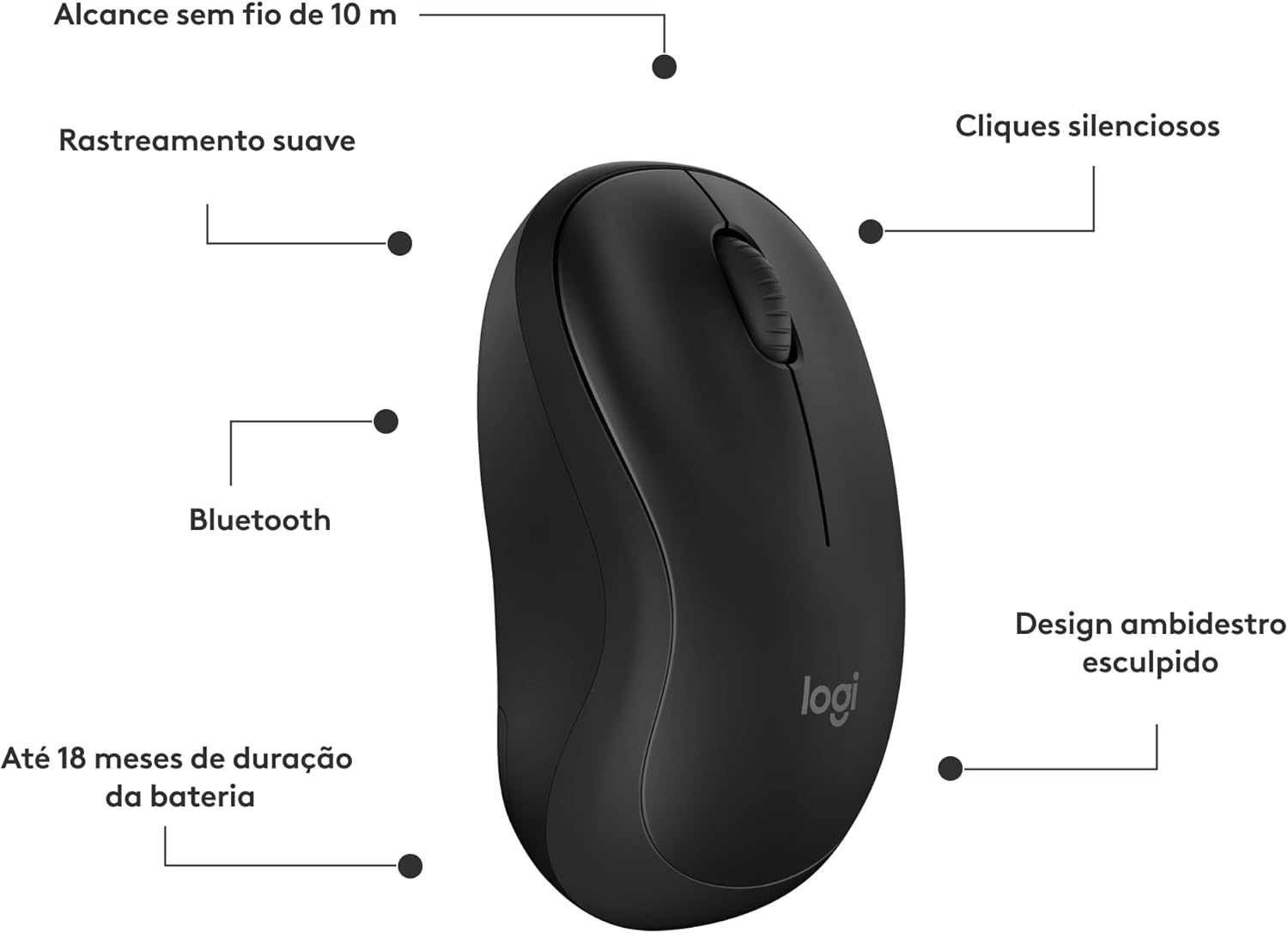 Mouse Sem Fio Logitech M240 com Conexão Bluetooth, Clique Silencioso, Design Ambidestro Compacto, Bateria de 18 Meses, Compatível com Windows, macOS, ChromeOS - Preto - Imagem 7