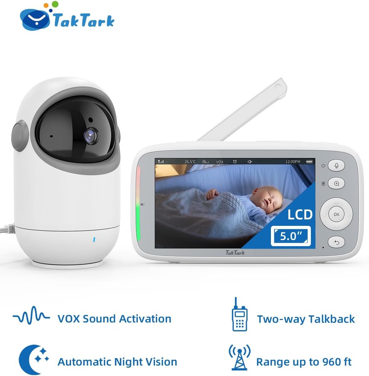 TakTark Babá Eletrônica, 5" 720P HD Bebê Câmera com Tela, Sem Wifi, Panorâmica Inclinação, Áudio Bidirecional, Night Vision, Zoom Digital, Detecção De Som Vox, Ideal Para Novos Pais - Imagem 9