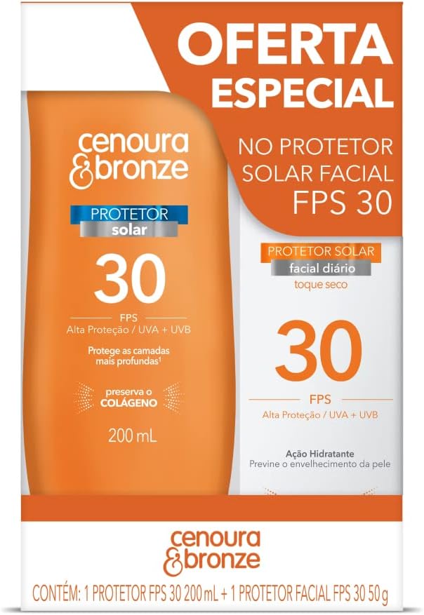 Cenoura e Bronze Kit Protetor Solar Corpo FPS 30 200ml + Facial FPS 30 50g, Cor: Branco Cenoura e Bronze Kit Protetor Solar Corpo FPS 30 200ml + Facial FPS 30 50g, Cor: Branco