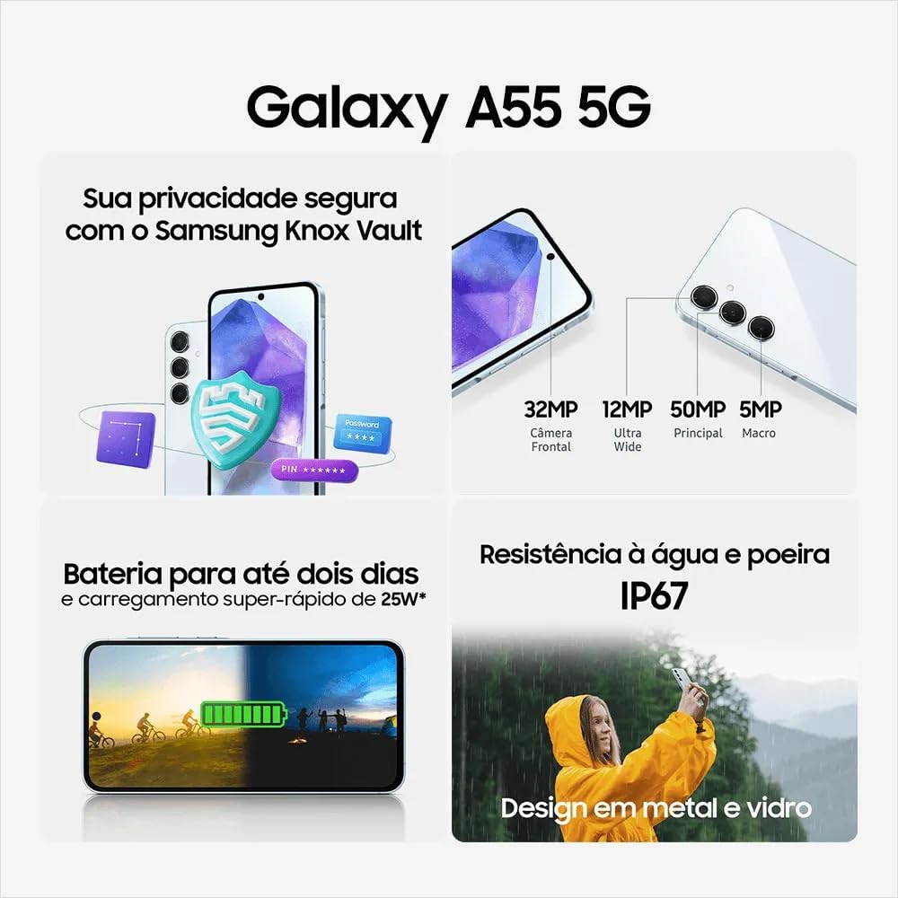 Samsung Galaxy A55 5G, Câmera Tripla Traseira de até 50MP, Selfie de 32MP, Nightography, Apagador de objetos, Design em metal e vidro, IP67, Super AMOLED 6.6" 120Hz Vision Booster, 256GB - Azul Escuro - Imagem 5