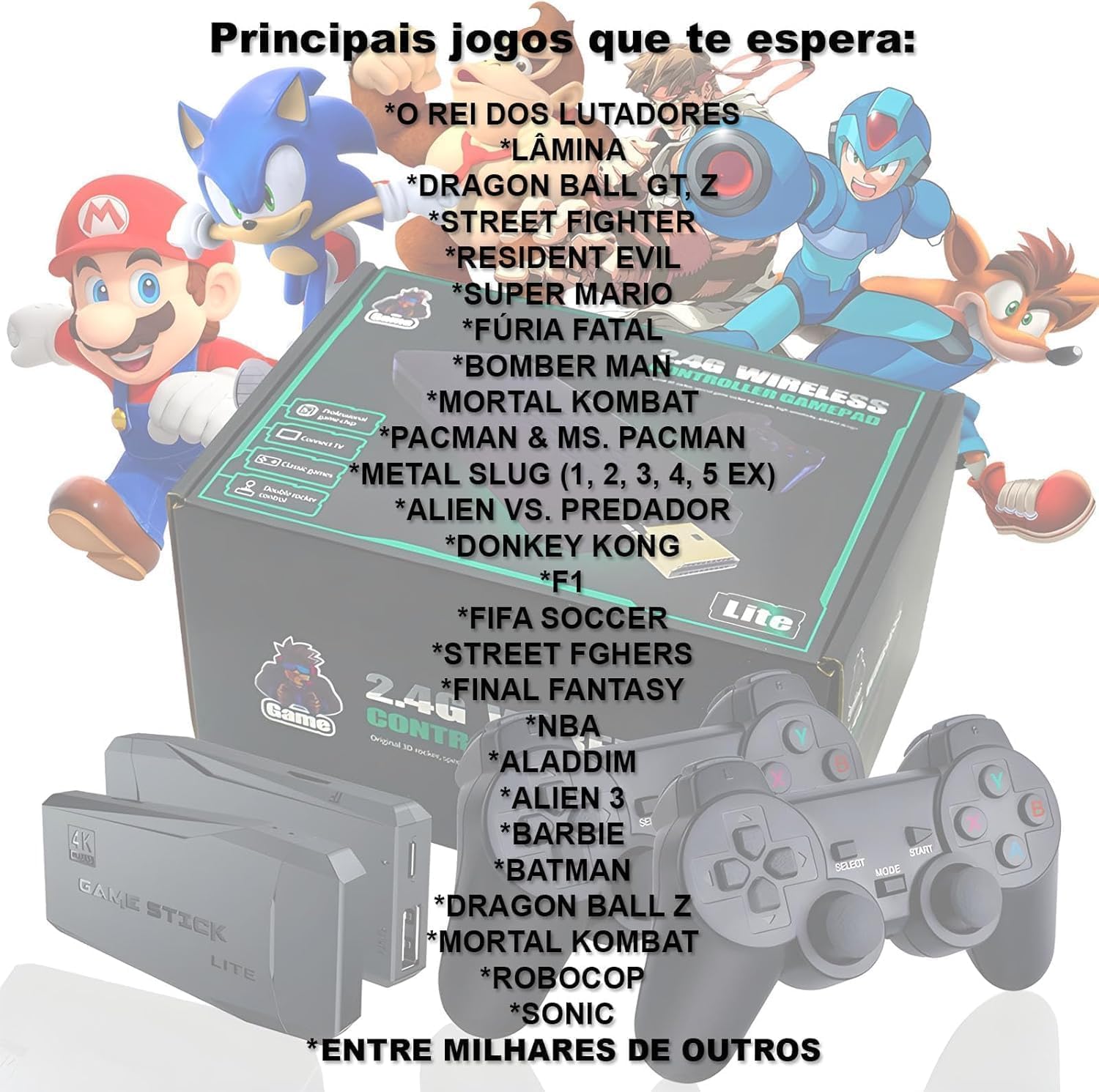 Vídeo Game Retrô Game Stick Lite 4k Hdmi 64gb 20.000 Mil Jogos Com 2 Controles Sem Fio - Imagem 3