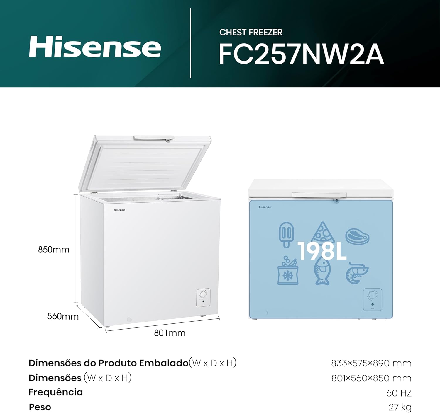 Freezer Horizontal Hisense 198 Litros Tripla Ação Branco FC257N– 220 Volts - Imagem 2