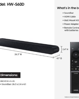 SAMSUNG Barra de som S60D 5.0ch com áudio Dolby Atmos sem fio, design multifuncional, Q-Symphony, SpaceFit Sound Pro, som adaptável, modo de jogo Pro com Alexa integrada, HW-S60D/ZA (modelo mais