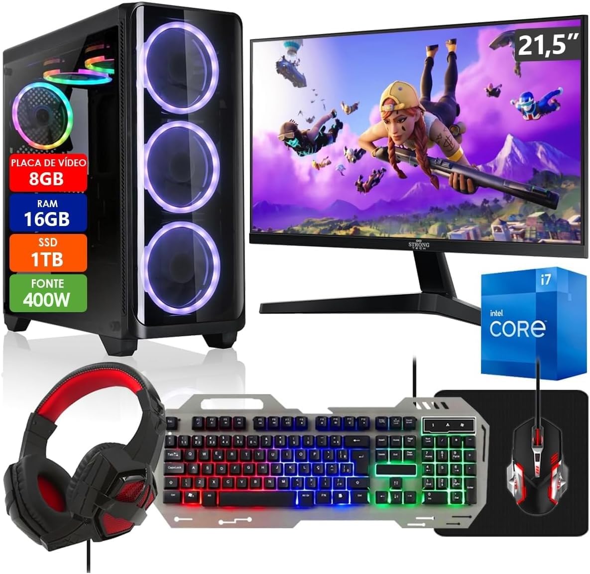 PC Gamer Completo Intel Core i7 16GB SSD 1TB Radeon RX 580 8GB 256 Bits 400W Monitor 21,5″ Kit Gamer Strong Tech