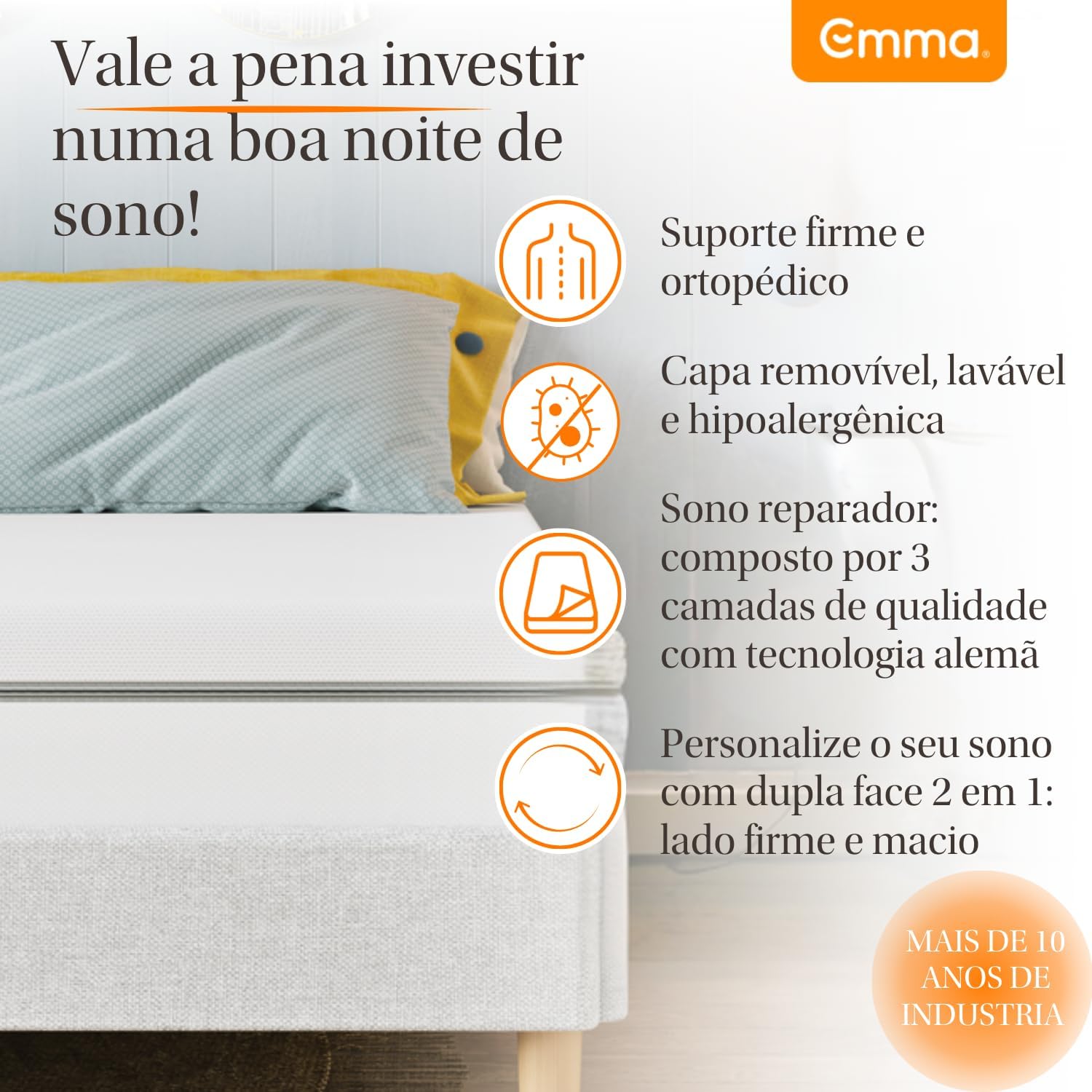 Colchão Casal Emma Duo Comfort – 10 anos de garantia, conforto de dupla face e suporte ideal para o seu corpo – 138x188cm. - Imagem 4