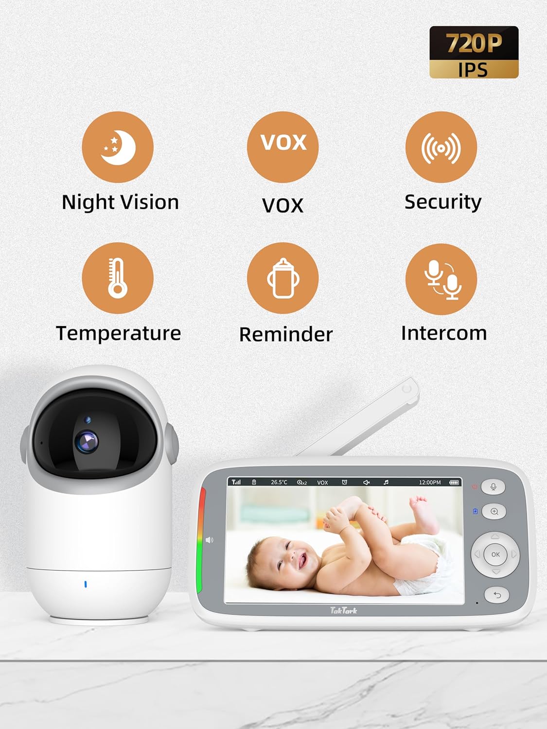 TakTark Babá Eletrônica, 5" 720P HD Bebê Câmera com Tela, Sem Wifi, Panorâmica Inclinação, Áudio Bidirecional, Night Vision, Zoom Digital, Detecção De Som Vox, Ideal Para Novos Pais - Imagem 2
