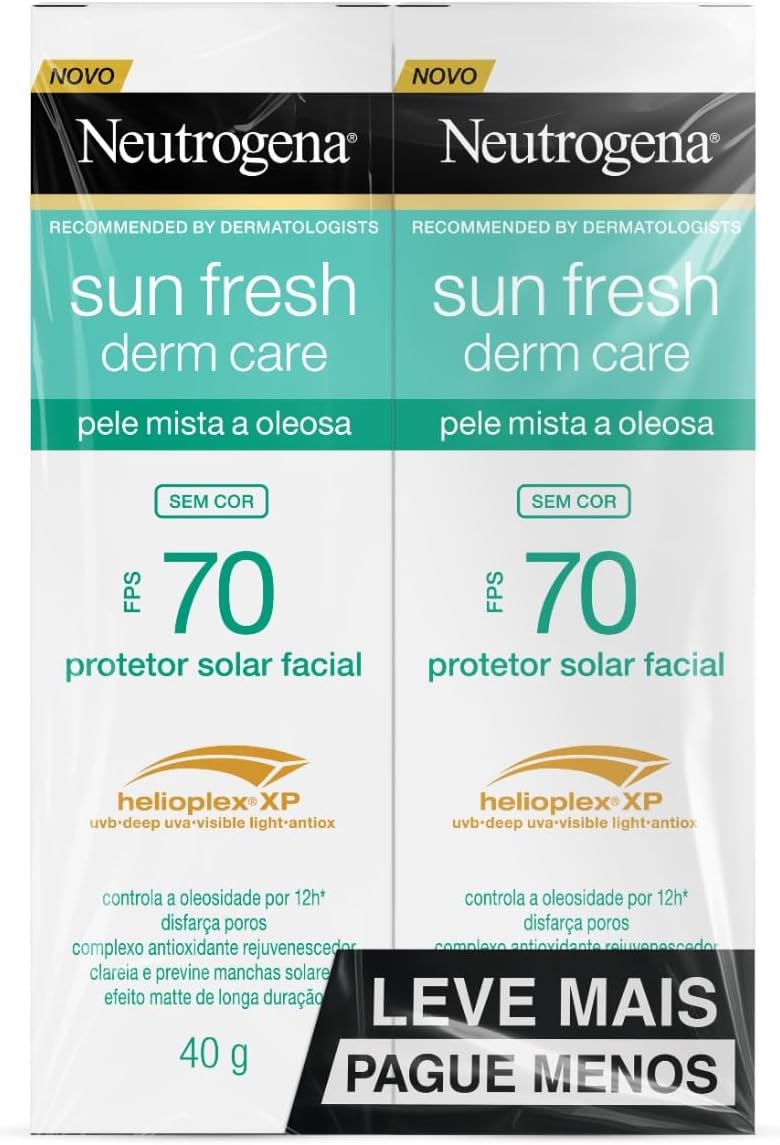 Protetor Solar Facial Para Pele Oleosa Derm Care, FPS 70, Sem Cor, Kit com 2 Unidades de 40g Protetor Solar Facial Para Pele Oleosa Derm Care, FPS 70, Sem Cor, Kit com 2 Unidades de 40g