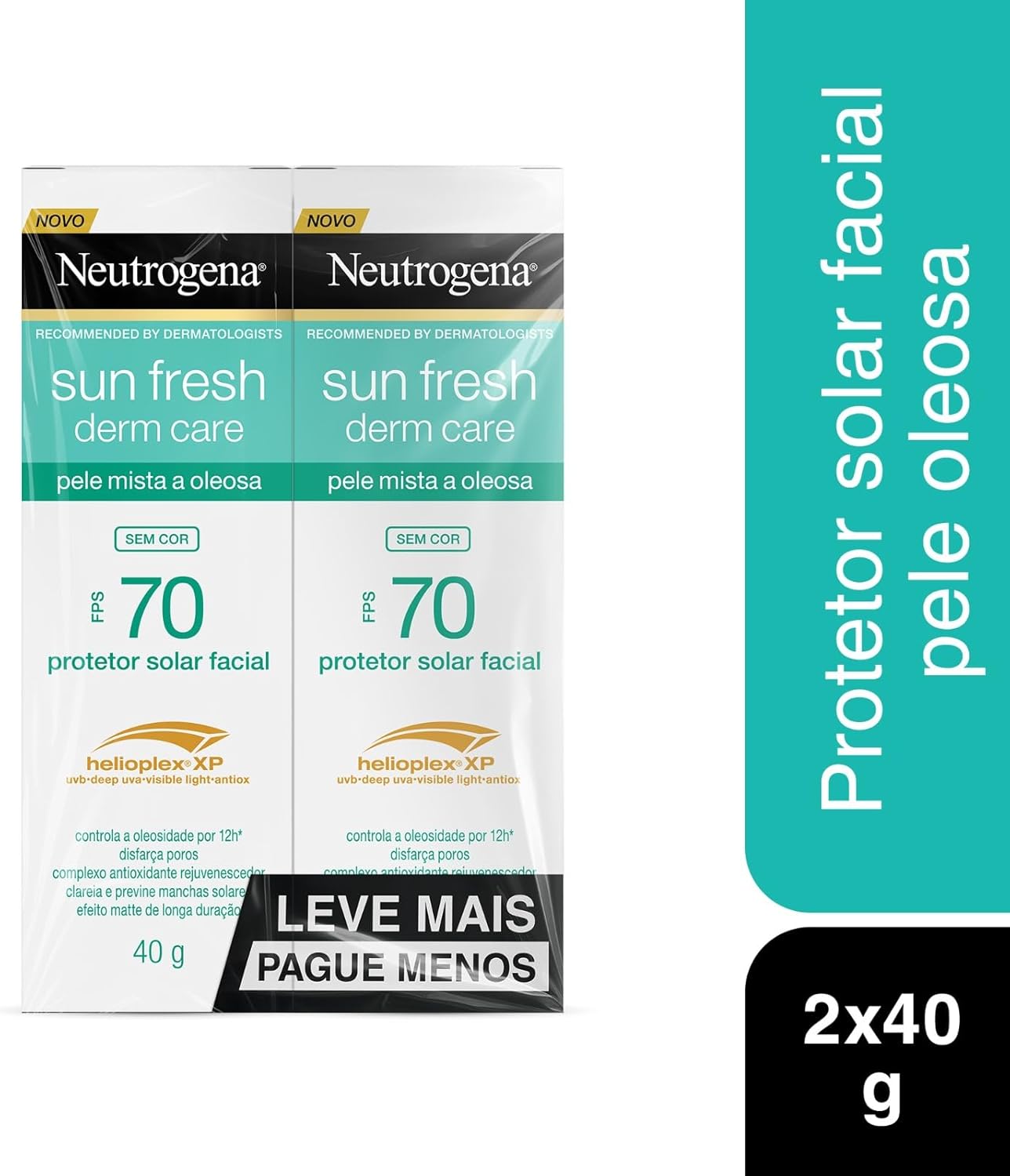 Protetor Solar Facial Para Pele Oleosa Derm Care, FPS 70, Sem Cor, Kit com 2 Unidades de 40g - Imagem 2