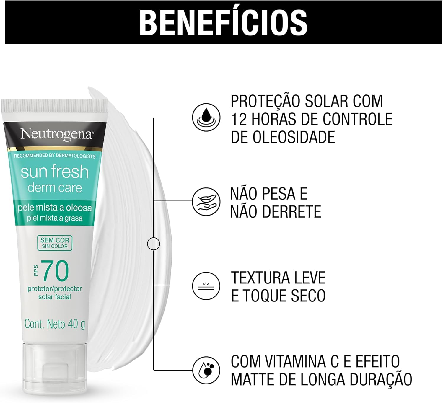 Protetor Solar Facial Para Pele Oleosa Derm Care, FPS 70, Sem Cor, Kit com 2 Unidades de 40g - Imagem 5