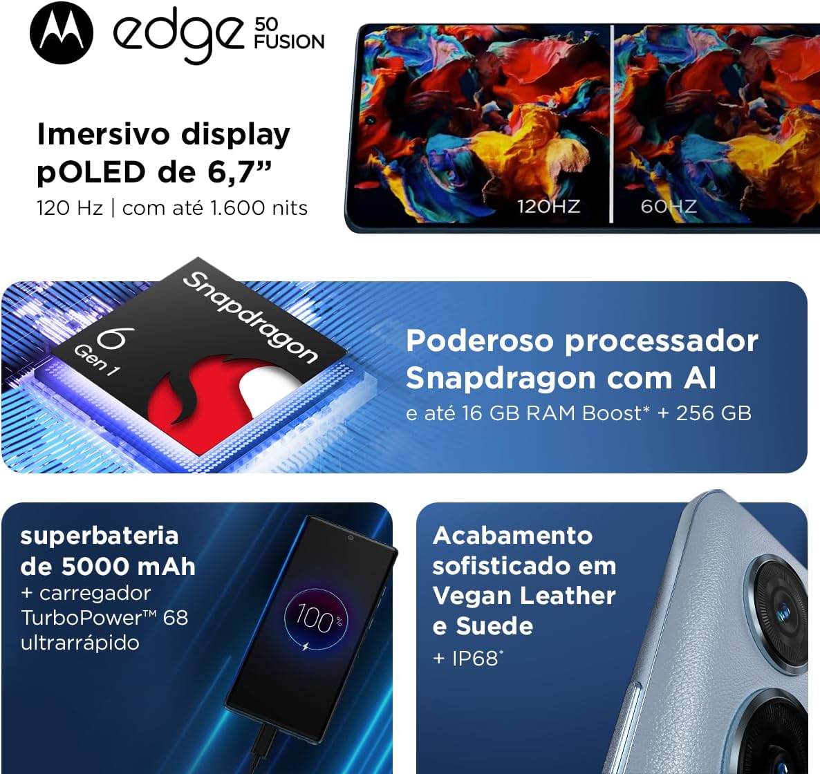 Smartphone Motorola Edge 50 Fusion 5G - 256GB 16GB (8GB RAM+8GB Ram Boost) 50MP Sony AI Camera IP68 NFC Blue Teal - Vegan Leather - Imagem 3
