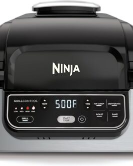 Ninja | Grelhador interno | Foodi | 5 em 1 (grelhar, fritar ao ar, assar, assar e desidratar | Serve para torra de até 1,3 kg | Sistema de controle de fumaça e peças seguras para lava-louças | Preto