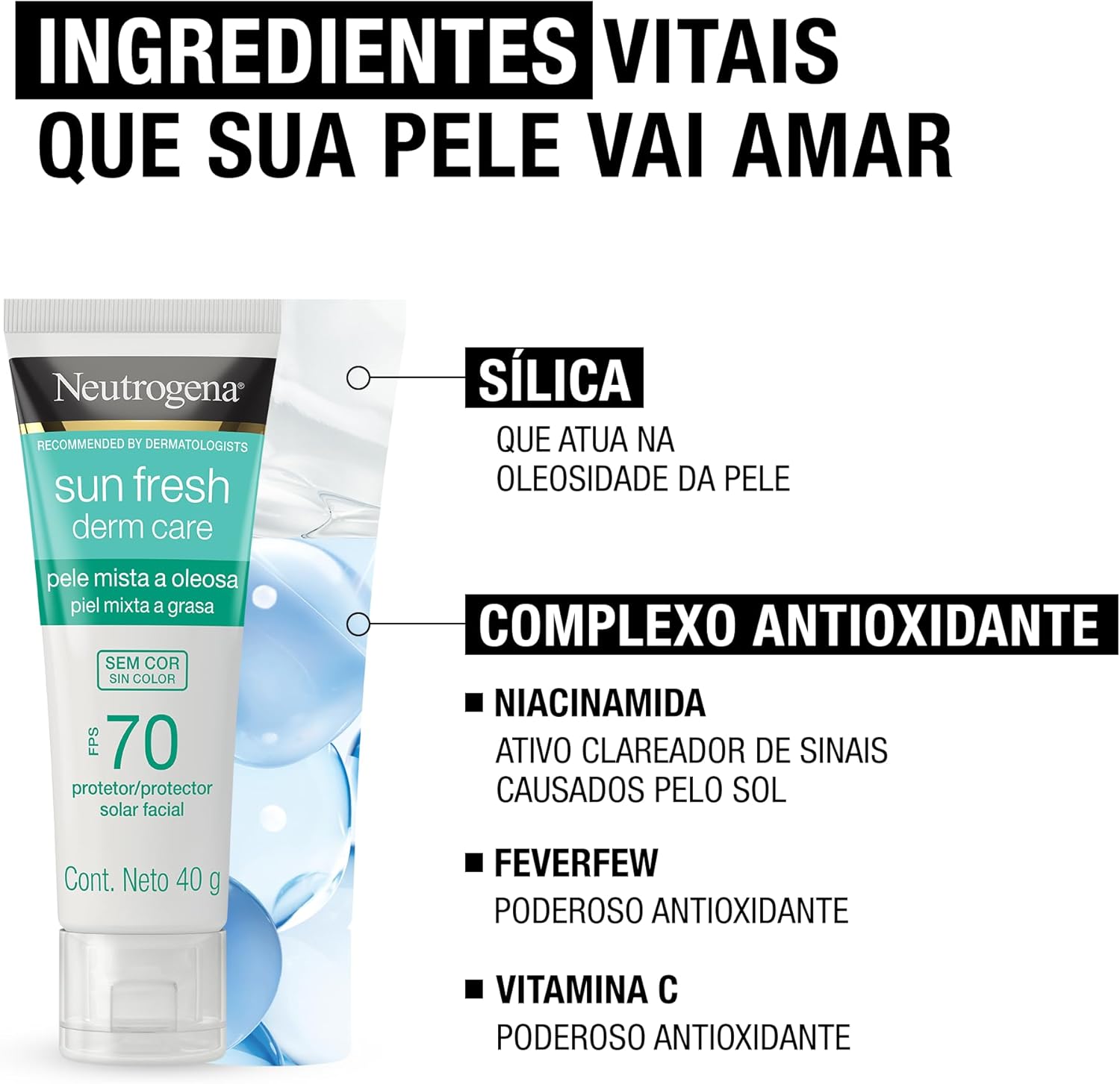 Protetor Solar Facial Para Pele Oleosa Derm Care, FPS 70, Sem Cor, Kit com 2 Unidades de 40g - Imagem 6