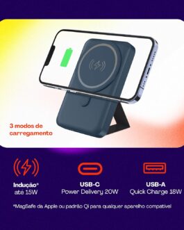 Geonav Power Bank, Carregador Portátil Universal por Indução 10.000mAh, Carregamento rápido*, Suporte Dobrável, Compatível com MagSafe®, PB10MAGSG, Cinza