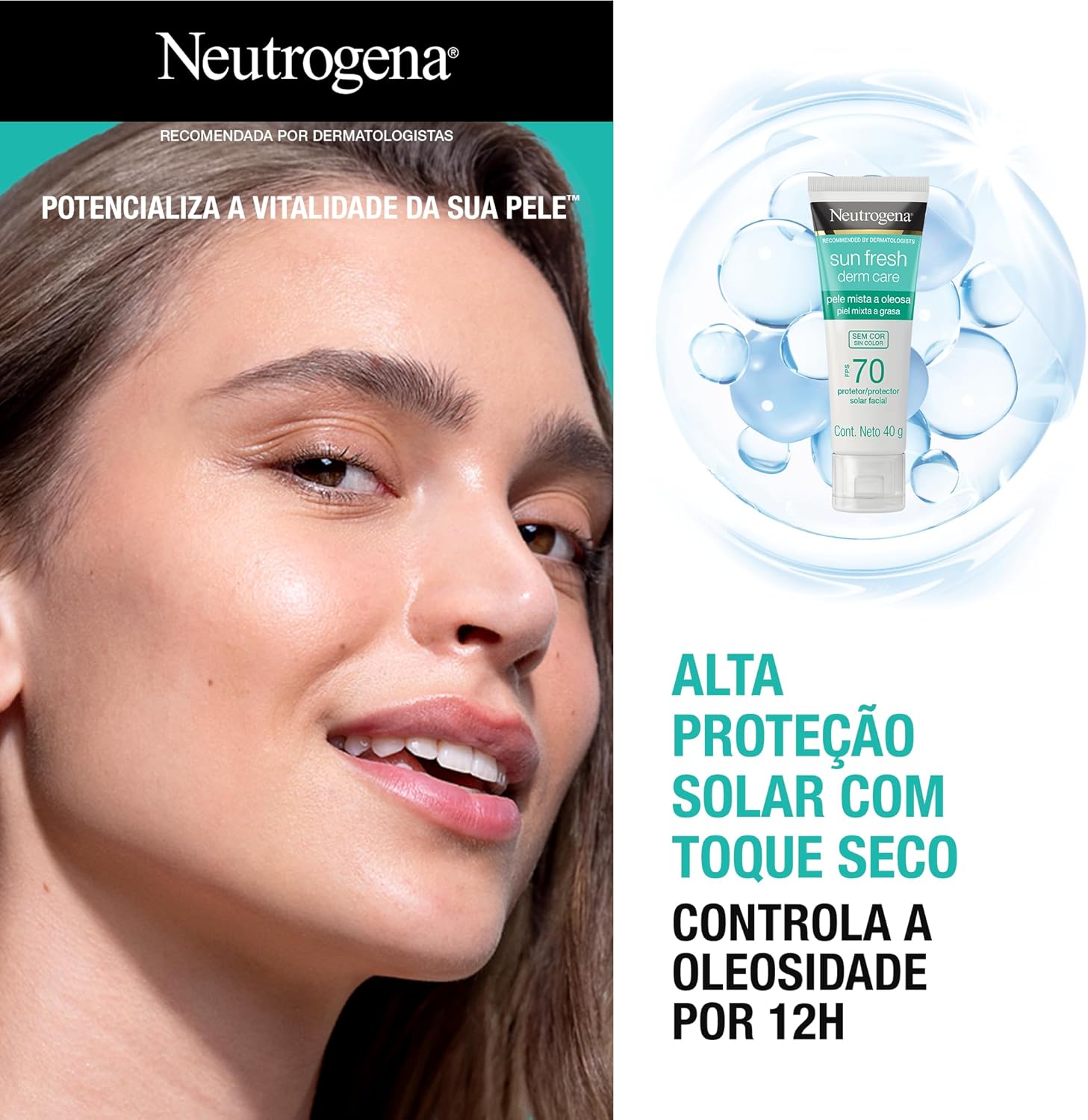 Protetor Solar Facial Para Pele Oleosa Derm Care, FPS 70, Sem Cor, Kit com 2 Unidades de 40g - Imagem 4