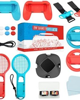 Kit Acessórios Nintendo Switch 20 em 1 – Carregador Volante Raquete Pulseira Grips Cabo