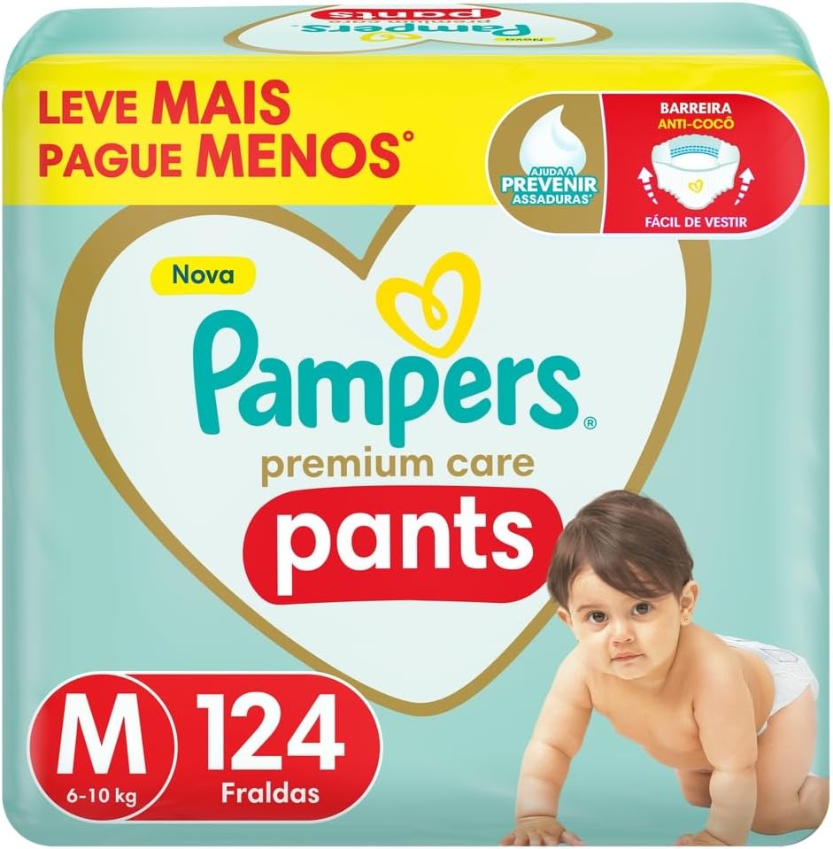Fralda Pampers Premium Care Pants Tamanho M, Fácil de Vestir, 124 Unidades