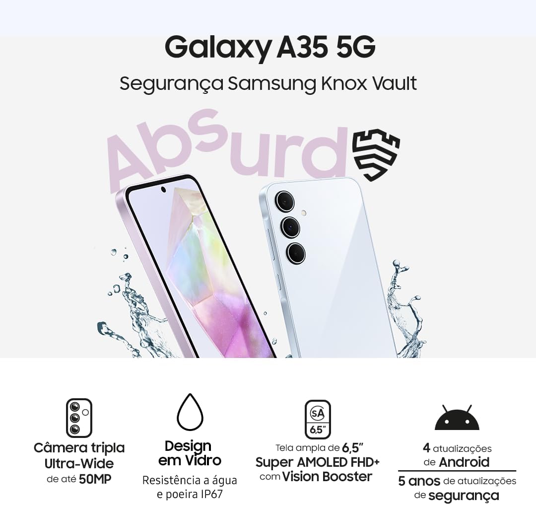 Samsung Galaxy A35 5G, Câmera Tripla Traseira de até 50MP, Selfie de 13MP, Nightography, Apagador de objetos, Design em vidro e IP67, Tela Super AMOLED de 6.6" 120Hz Vision Booster, 128GB - Azul Claro - Imagem 4