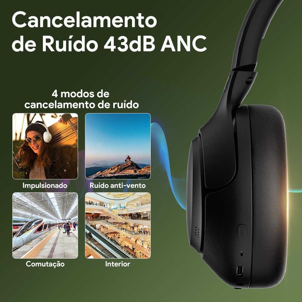 QCY H3 ANC Fone de Ouvido Bluetooth, Cancelamento de Ruído Ativo Headphone Bluetooth 5.4 Headset com Microfone, Certificação Hi-Res Audio, Conexão Multipontos, 60 horas reprodução, Preto - Imagem 3