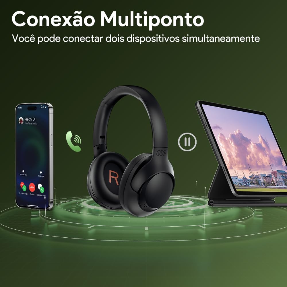 QCY H3 ANC Fone de Ouvido Bluetooth, Cancelamento de Ruído Ativo Headphone Bluetooth 5.4 Headset com Microfone, Certificação Hi-Res Audio, Conexão Multipontos, 60 horas reprodução, Preto - Imagem 6