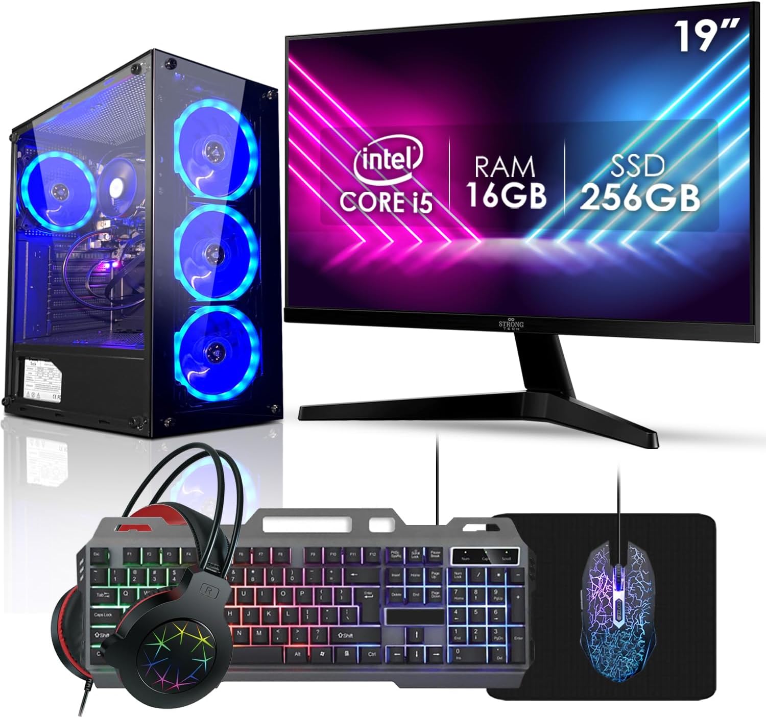 Computador Pc Gamer Completo RGB Intel Core i5 16GB SSD 256GB Kit Gamer Fonte 400W Monitor 19″ Strong Tech