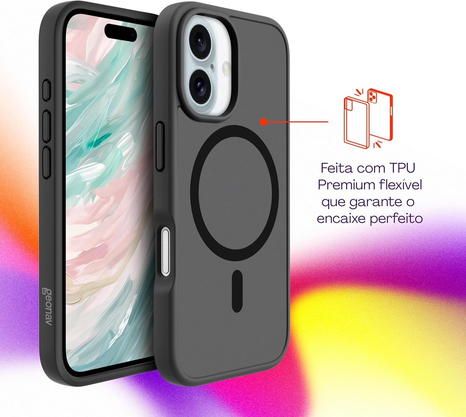 Geonav Capa Anti-Impacto para iPhone 16, TPU flexível nas extremidades, proteção anti-shock e policarbonato, Compatível com o sistema de ímãs MagSafe®, IPI16BK, Transparente fosco/Preto - Imagem 3