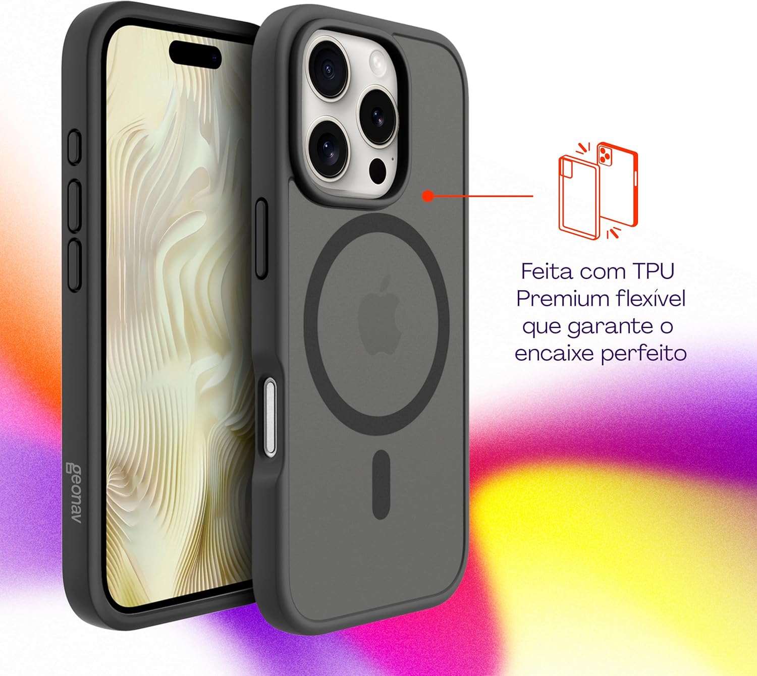 Geonav Capa Anti-Impacto para iPhone 16 Pro, TPU flexível nas extremidades, proteção anti-shock e policarbonato, Compatível com o sistema de ímãs MagSafe®, IPI16PBK, Transparente fosco/Preto - Imagem 3