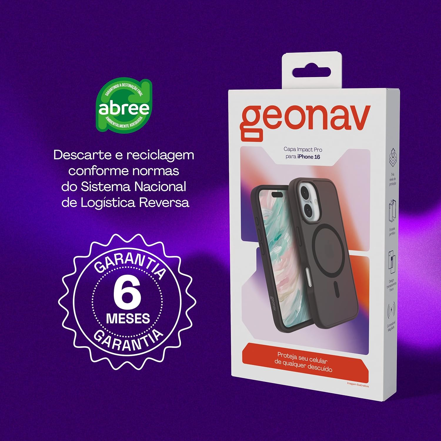 Geonav Capa Anti-Impacto para iPhone 16, TPU flexível nas extremidades, proteção anti-shock e policarbonato, Compatível com o sistema de ímãs MagSafe®, IPI16BK, Transparente fosco/Preto - Imagem 7