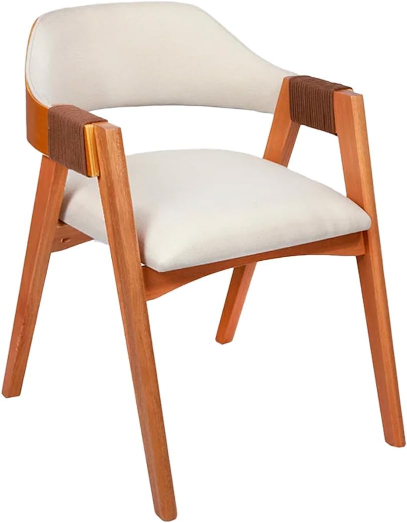 Cadeira de Jantar Com Encosto Curvo Base em Madeira Maciça Detalhe no Braço em Corda Nautica – Emily (Linho Cru Off White)