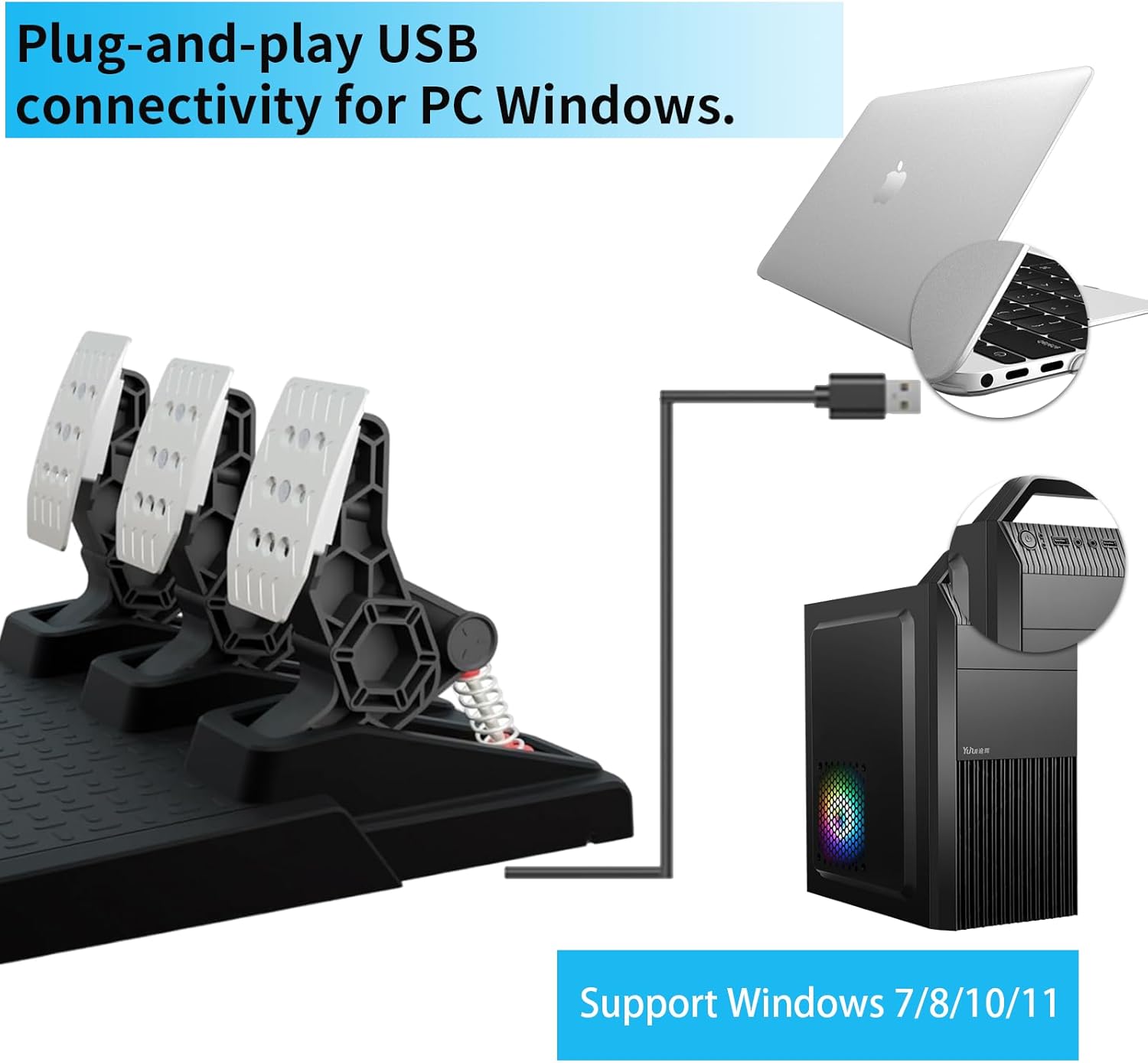 NBCP Racing Pedals,PC Gaming Steering Wheel Pedal Set | Swappable Springs,Adjustable, Durable,Compatible with PC Win11/Win10/Win7 - Imagem 4