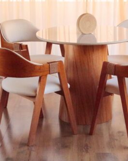 Cadeira de Jantar Com Encosto Curvo Base em Madeira Maciça Detalhe no Braço em Corda Nautica – Emily (Linho Cru Off White)