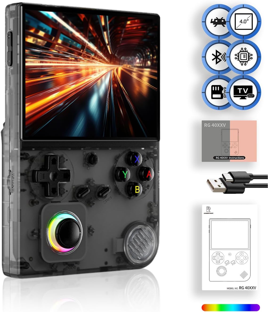 FINGEREVO RG40XXV Handheld Game Console 4.0-in 640 * 480 IPS OCA Screen 3200mAh 64Bit System RG 40XXV Black Transparent FINGEREVO RG40XXV Handheld Game Console 4.0-in 640 * 480 IPS OCA Screen 3200mAh 64Bit System RG 40XXV Black Transparent