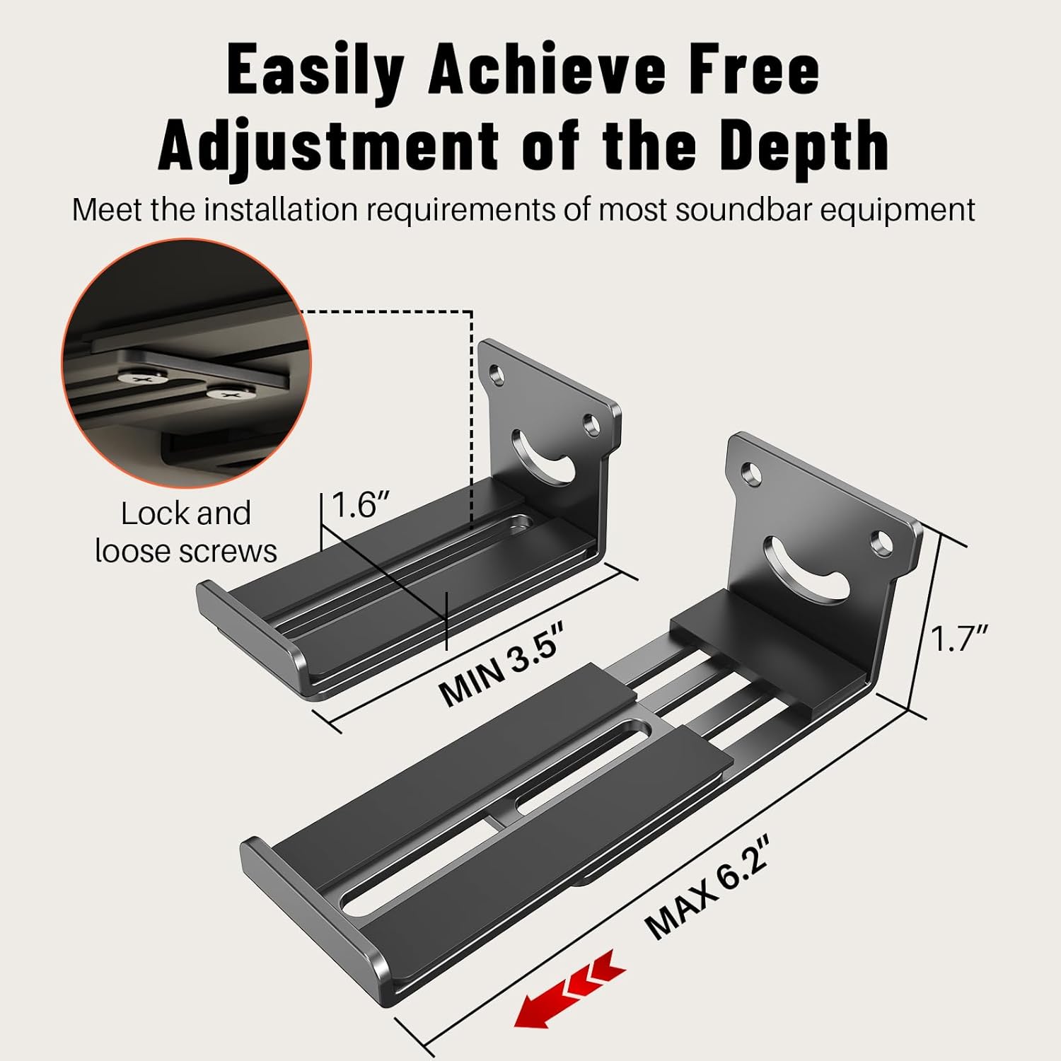 Suporte de parede universal Soundbar, prateleira de barra de som de metal duplo para Samsung, LG, Sony, Vizio, Bose, JBL e mais suportes de barra de som sob TV, profundidade ajustável de 8,4 a 15,5 cm - Imagem 5