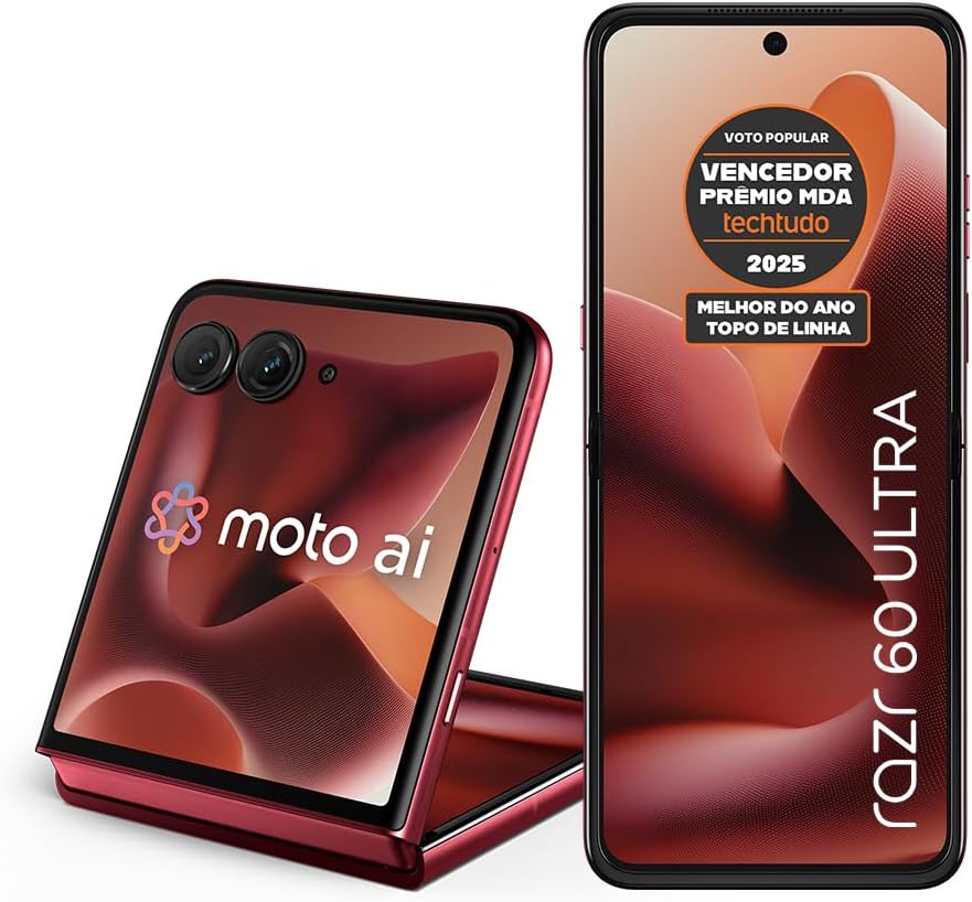 Smartphone Motorola Razr 60 Ultra – 1TB 32GB (16GB RAM+16GB Ram Boost) Snapdragon 8 Elite Tela dobrável 7″ e externa 4” Moto AI 50MP camera – Vermelho