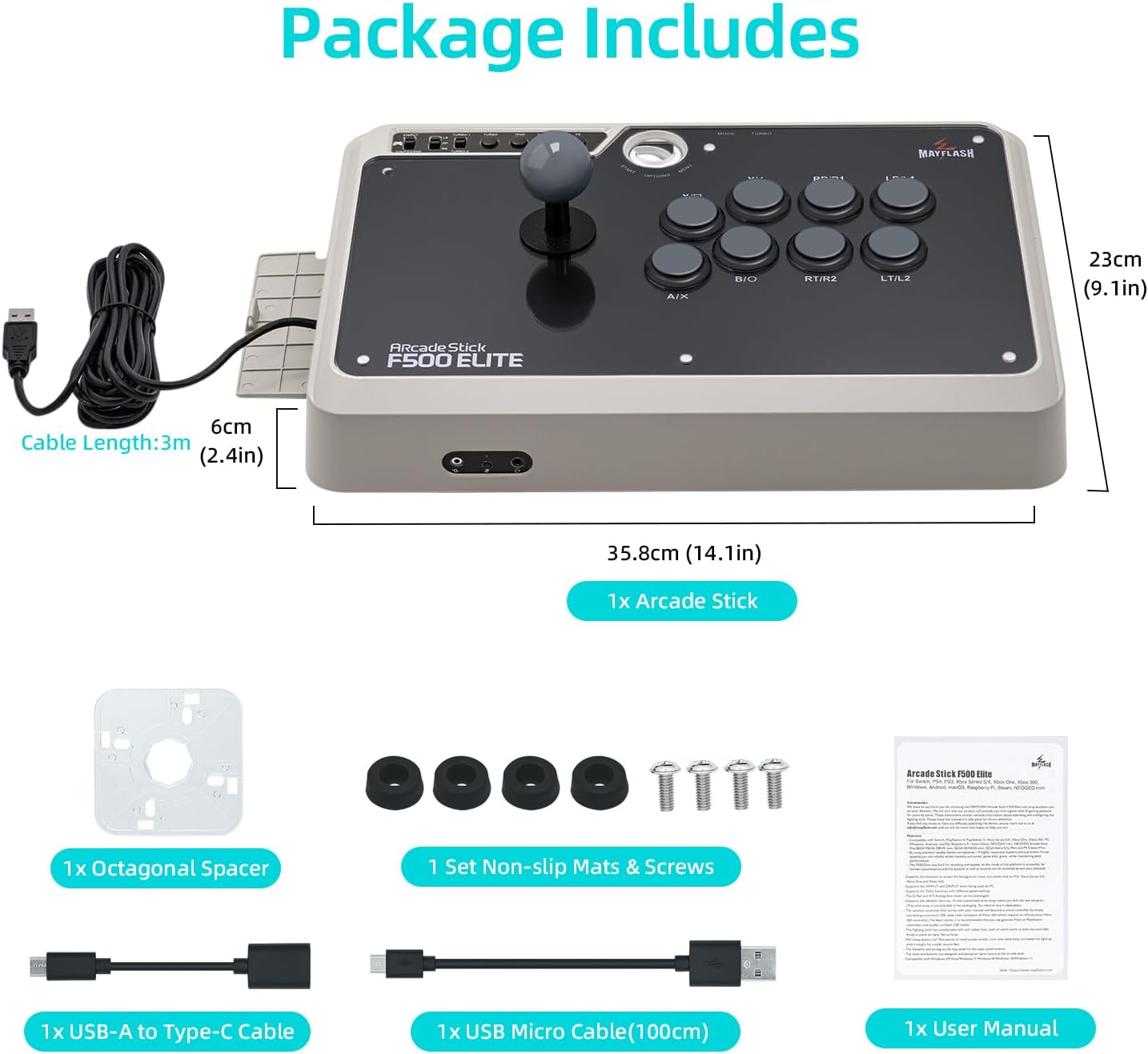 May Flash F500 Elite USB Video Game Controller, Compatible with Xbox Series S/X, Xbox One, Switch, PlayStation 4, PC Windows - Imagem 3