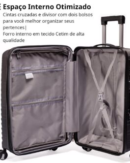 Mala De Viagem Média 23Kg Polipropileno Rodas Duplas 360 Fibra Rígida Leve Resistente Para Despachar (PRETO, MÉDIA)