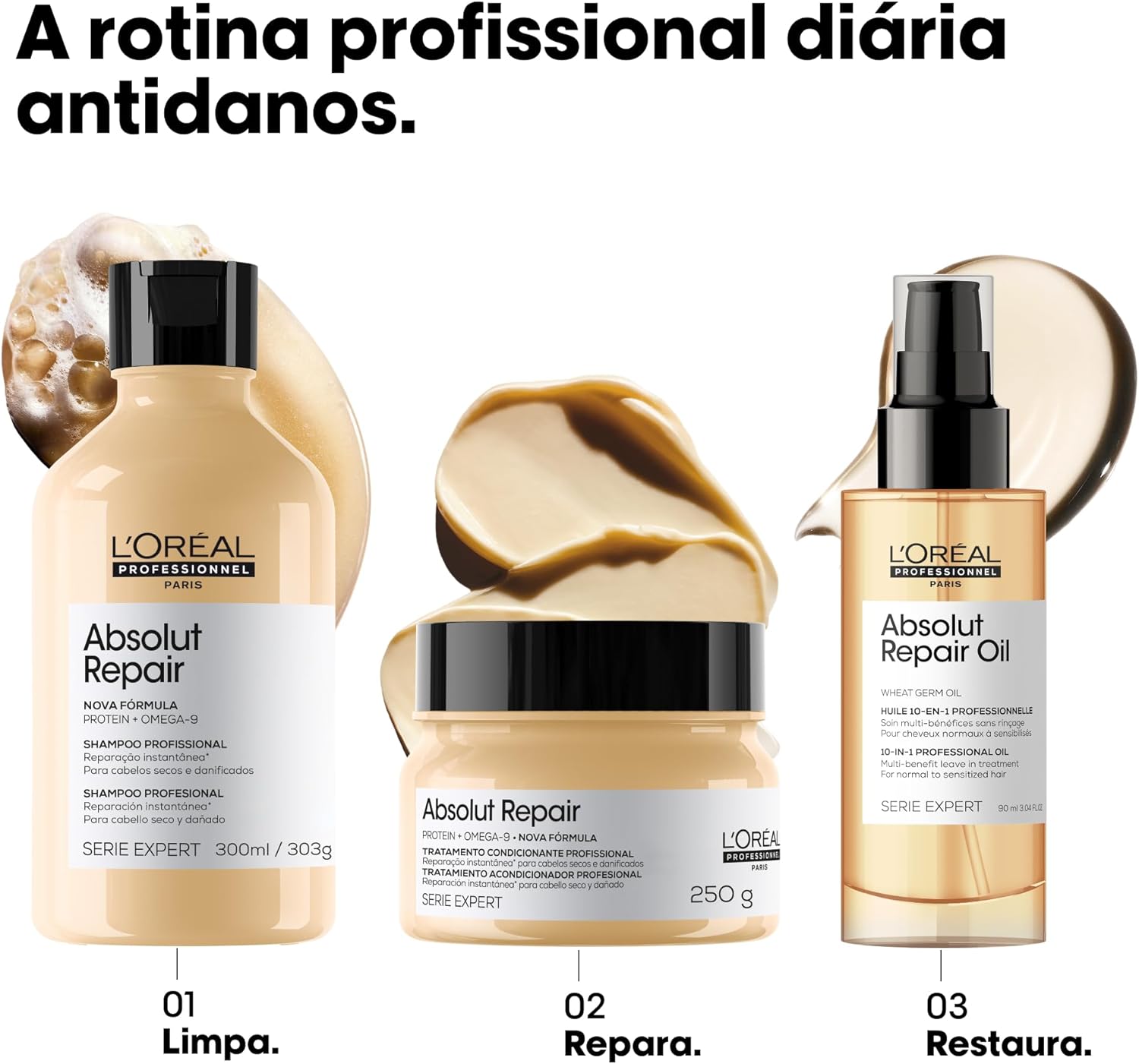 L'Oréal Professionnel Serie Expert Absolut Repair, Máscara de Reparação Intensiva para Cabelos Danificados e Finos com Quinoa Dourada, Reconstrução Instantânea e Brilho Intenso, 250g - Imagem 6